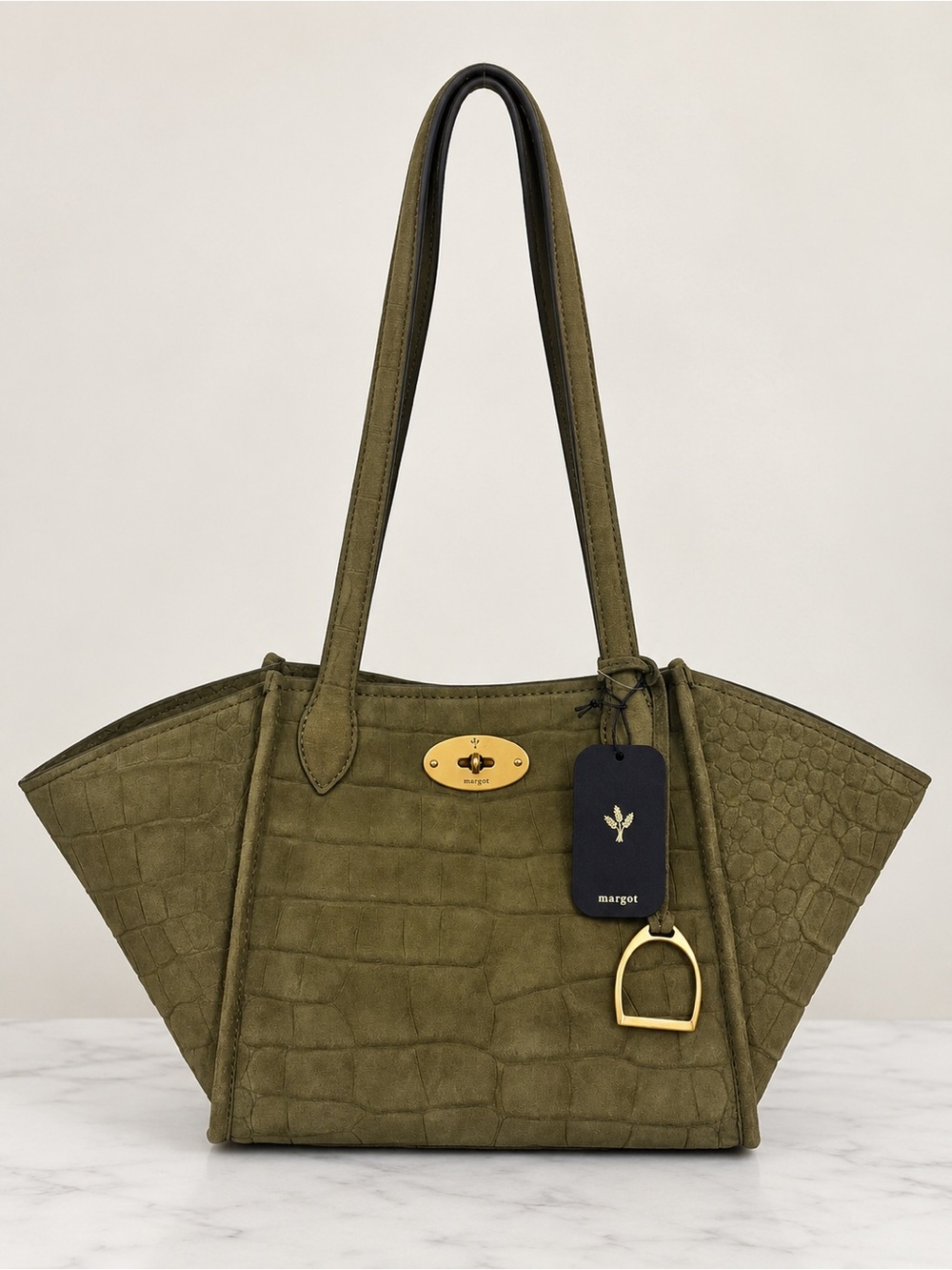 Margot Olive Croc-Embossed Tote Bag with Gold Hardware